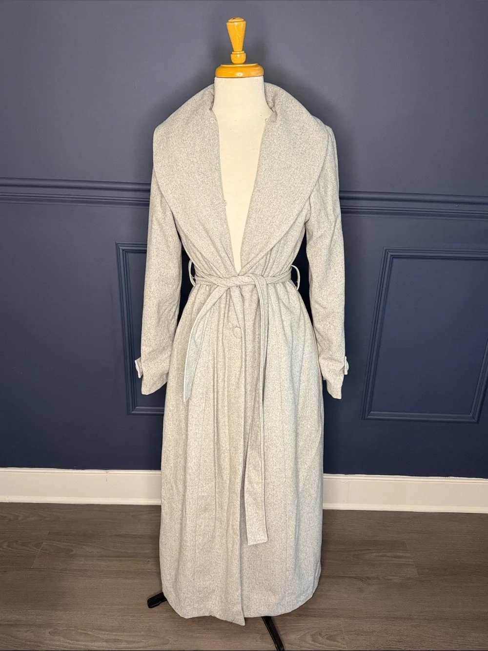 JLUXLABEL Light Gray Long Shawl Collar Coat with Tie Waist